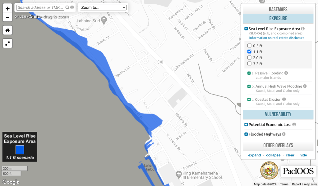 Even under 1 foot of sea level rise, much of Front Street is underwater. (Courtesy: UH PacIOOS)